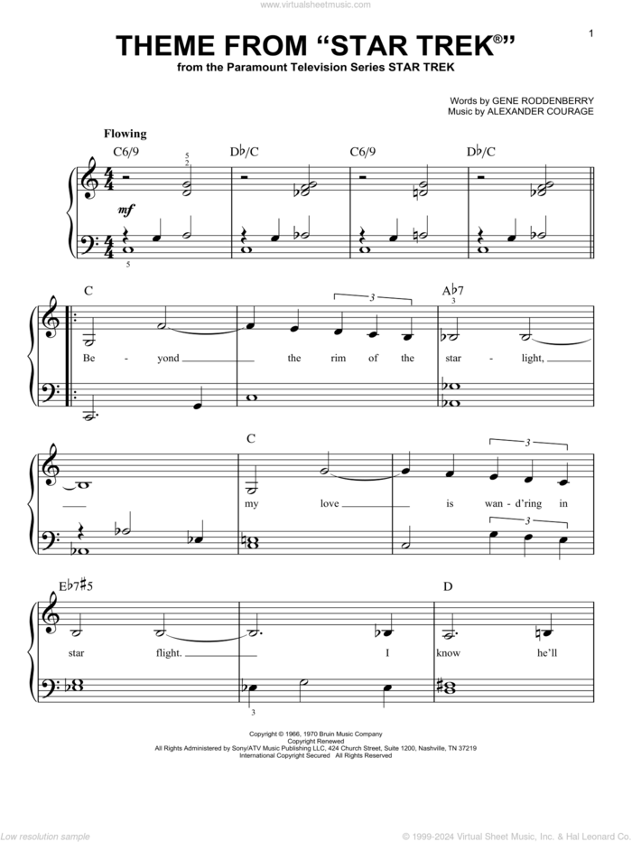 Theme from Star Trek sheet music for piano solo by Alexander Courage and Gene Roddenberry, beginner skill level