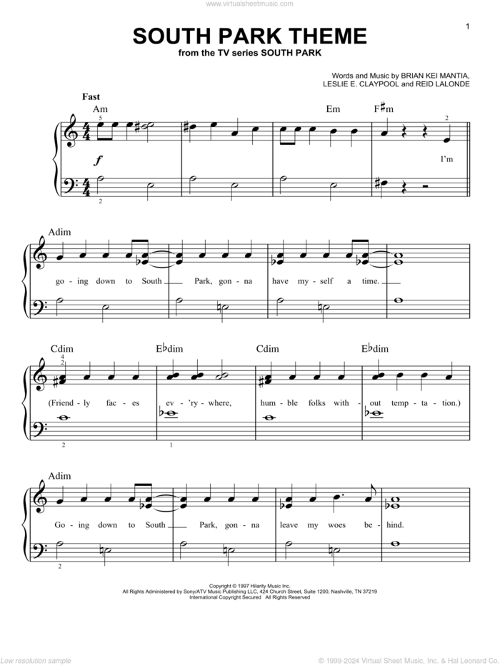 South Park Theme sheet music for piano solo by Primus, Bryan Kei Mantia, Leslie E. Claypool and Reid Lalonde, beginner skill level