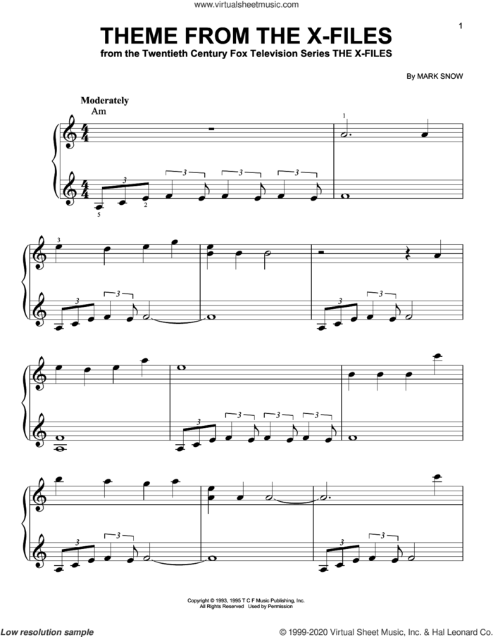 Theme From The X-Files, (beginner) sheet music for piano solo by Mark Snow, beginner skill level