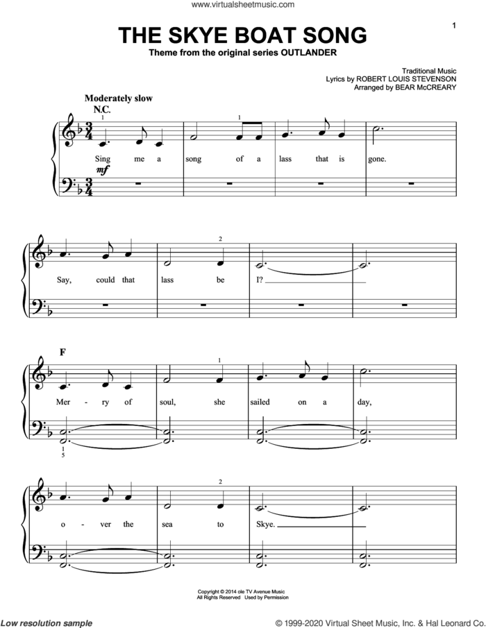 The Skye Boat Song (from Outlander) (arr. Bear McCreary) sheet music for piano solo by Robert Louis Stevenson, Bear McCreary (arr.) and Miscellaneous, beginner skill level