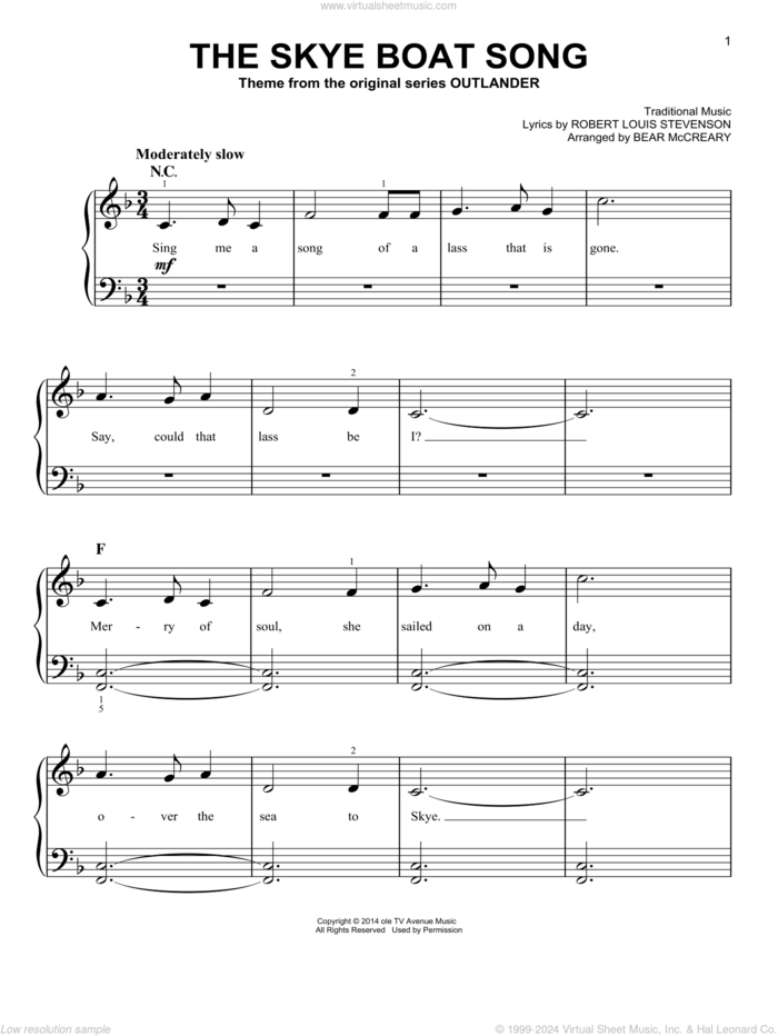 The Skye Boat Song (from Outlander) (arr. Bear McCreary) sheet music for piano solo by Robert Louis Stevenson, Bear McCreary (arr.) and Miscellaneous, beginner skill level