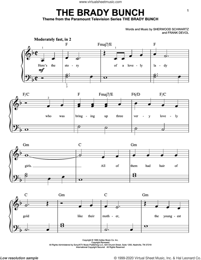 The Brady Bunch sheet music for piano solo by Frank DeVol and Sherwood Schwartz, beginner skill level
