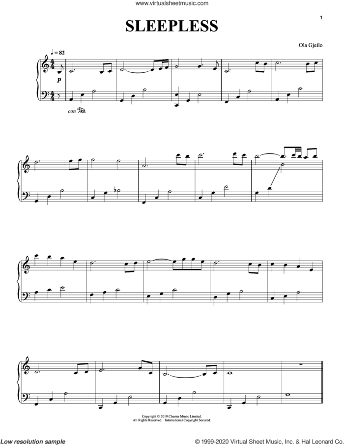 Sleepless sheet music for piano solo by Ola Gjeilo, classical score, intermediate skill level