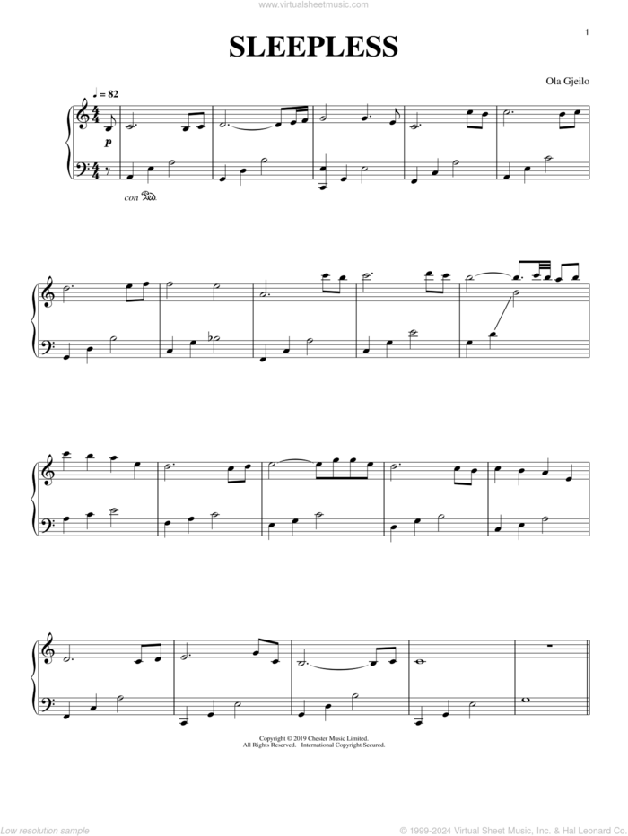 Sleepless sheet music for piano solo by Ola Gjeilo, classical score, intermediate skill level