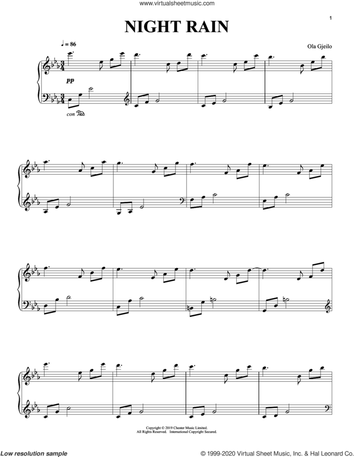 Night Rain sheet music for piano solo by Ola Gjeilo, classical score, intermediate skill level
