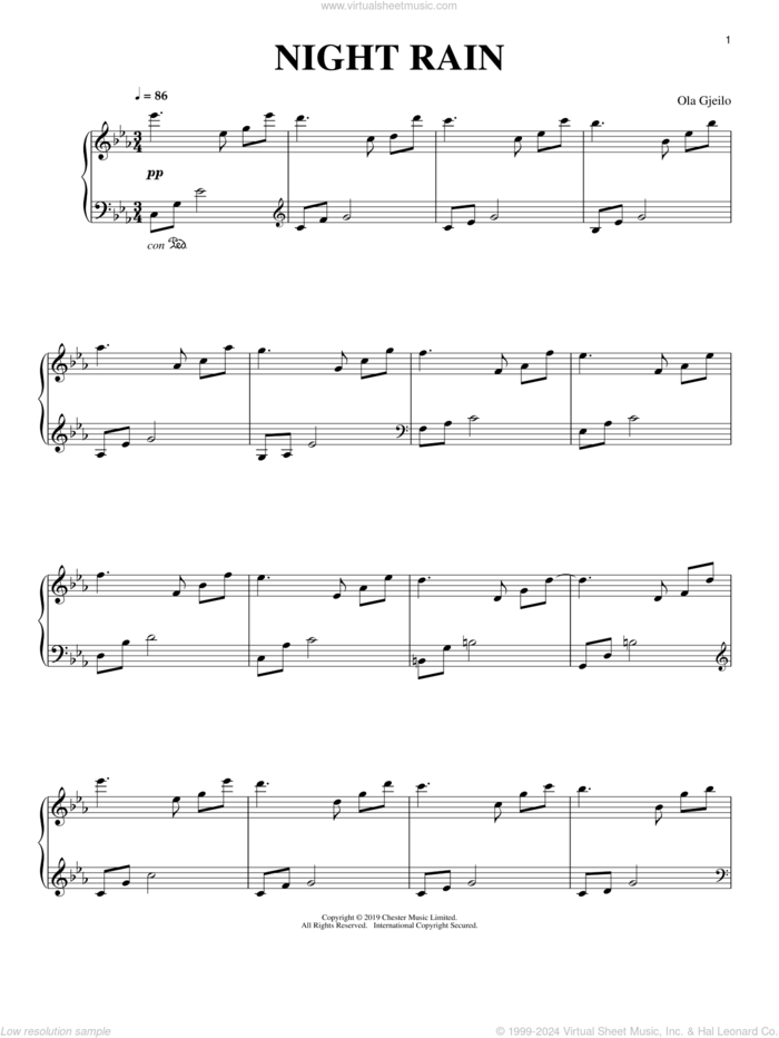 Night Rain sheet music for piano solo by Ola Gjeilo, classical score, intermediate skill level