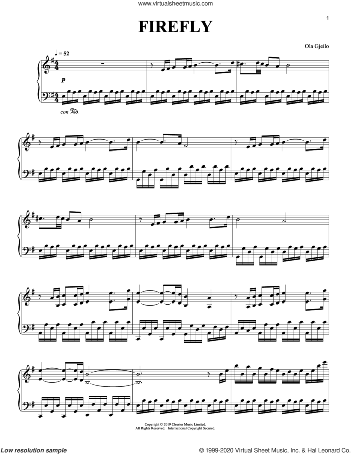 Firefly sheet music for piano solo by Ola Gjeilo, classical score, intermediate skill level