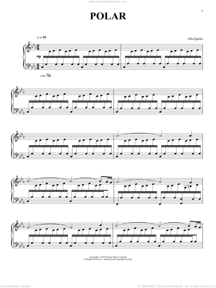 Polar sheet music for piano solo by Ola Gjeilo, classical score, intermediate skill level