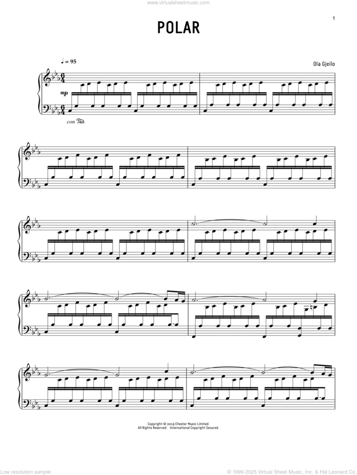 Polar sheet music for piano solo by Ola Gjeilo, classical score, intermediate skill level