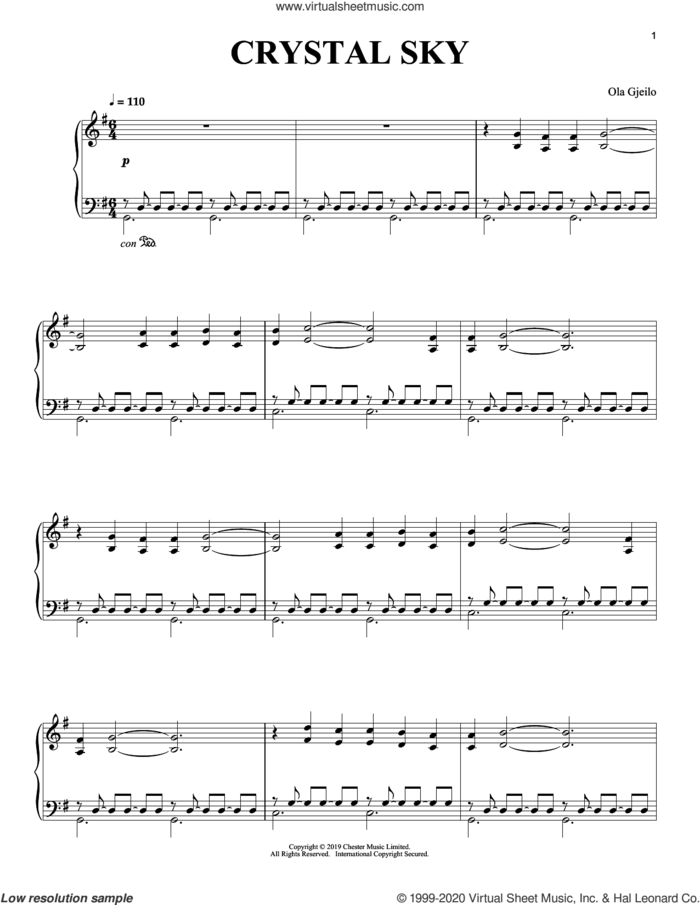 Crystal Sky sheet music for piano solo by Ola Gjeilo, classical score, intermediate skill level