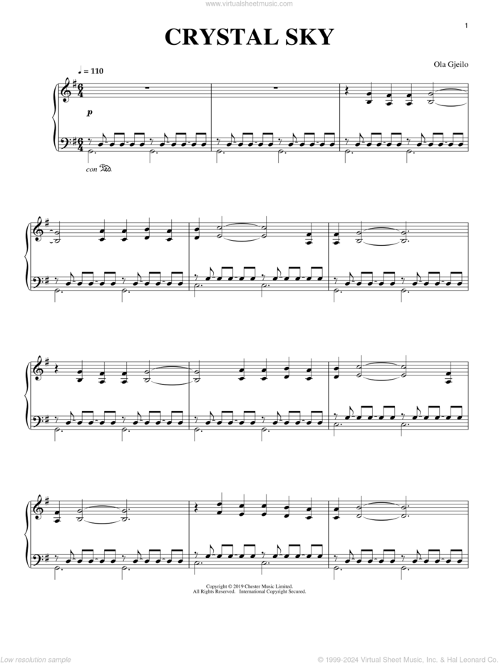 Crystal Sky sheet music for piano solo by Ola Gjeilo, classical score, intermediate skill level