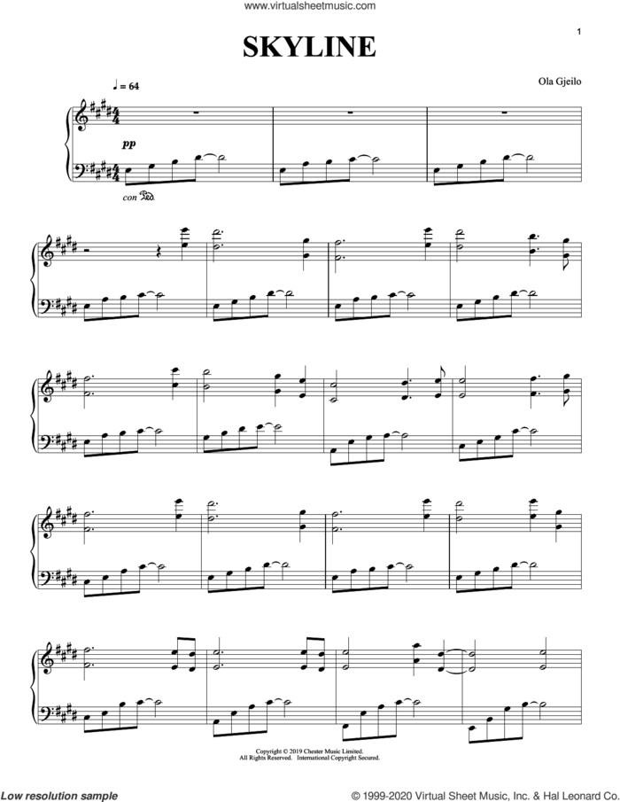Skyline sheet music for piano solo by Ola Gjeilo, classical score, intermediate skill level