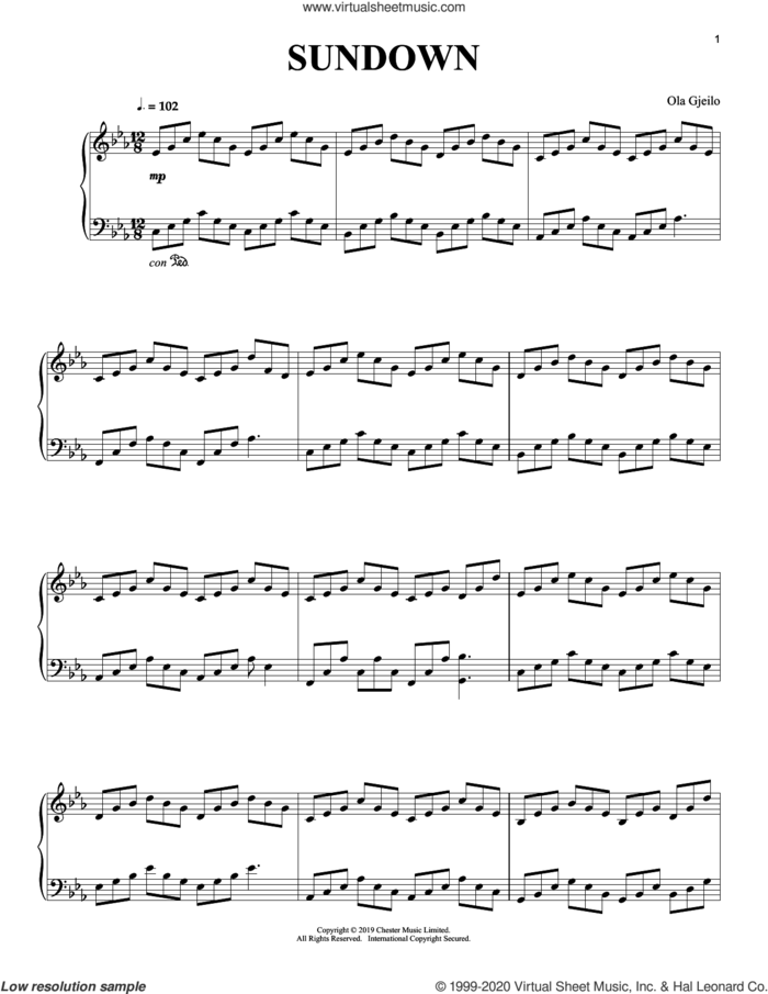 Sundown sheet music for piano solo by Ola Gjeilo, classical score, intermediate skill level