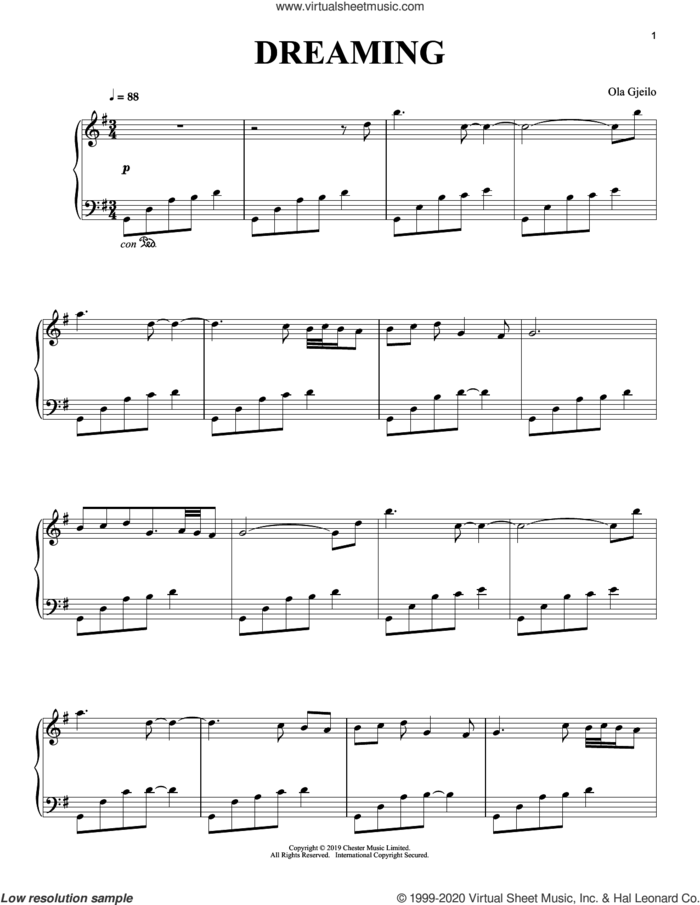 Dreaming sheet music for piano solo by Ola Gjeilo, classical score, intermediate skill level