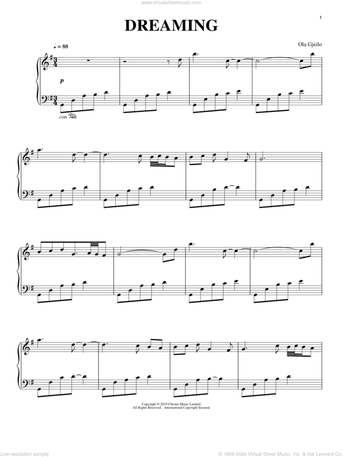 Dreaming sheet music for piano solo by Ola Gjeilo, classical score, intermediate skill level