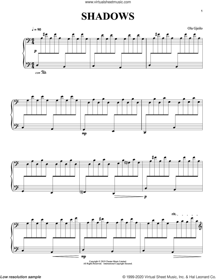 Shadows sheet music for piano solo by Ola Gjeilo, classical score, intermediate skill level