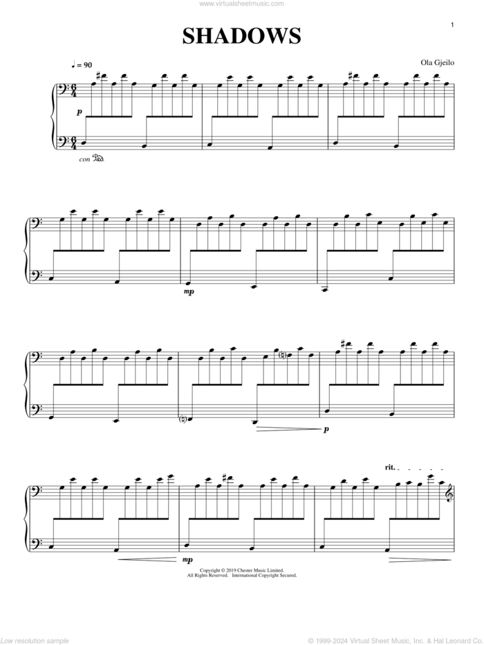 Shadows sheet music for piano solo by Ola Gjeilo, classical score, intermediate skill level