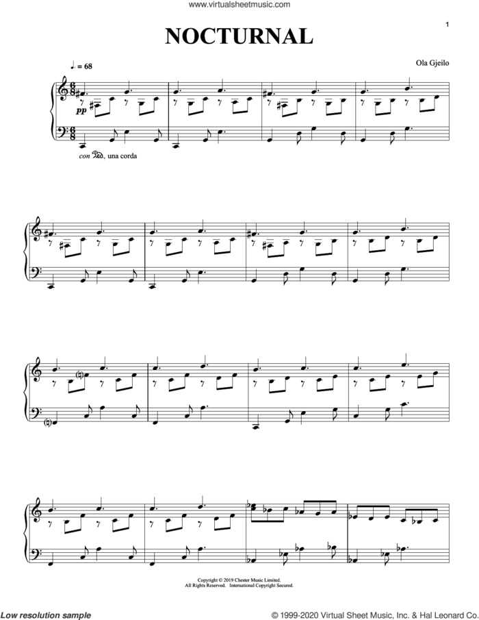 Nocturnal sheet music for piano solo by Ola Gjeilo, classical score, intermediate skill level