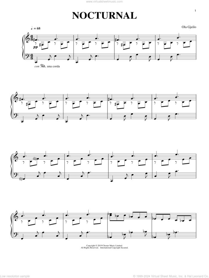 Nocturnal sheet music for piano solo by Ola Gjeilo, classical score, intermediate skill level