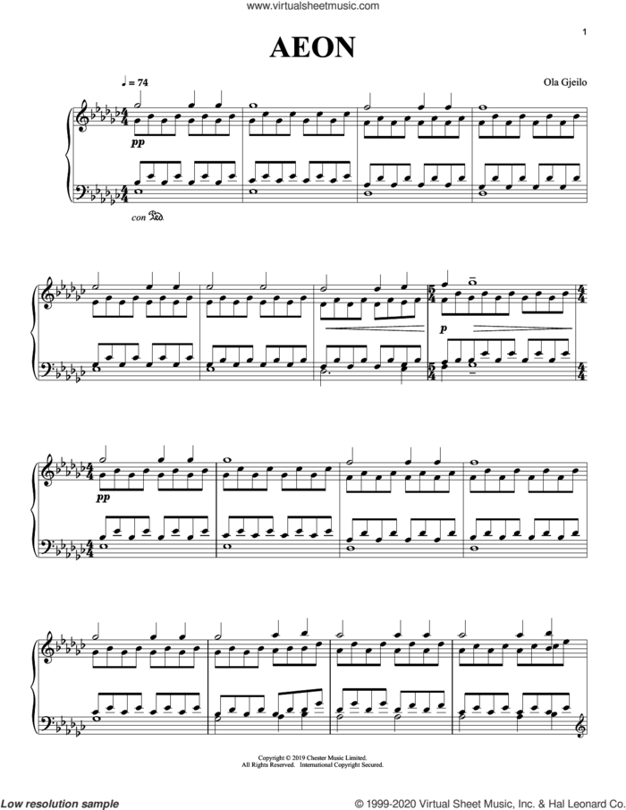 Aeon sheet music for piano solo by Ola Gjeilo, classical score, intermediate skill level
