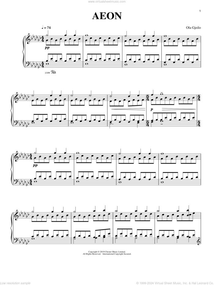 Aeon sheet music for piano solo by Ola Gjeilo, classical score, intermediate skill level