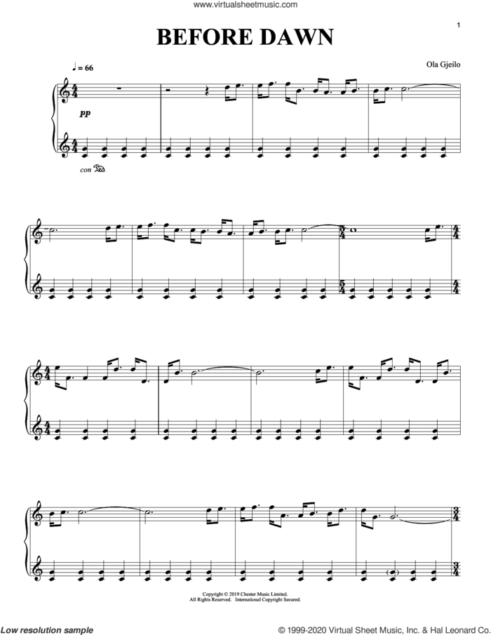 Before Dawn sheet music for piano solo by Ola Gjeilo, classical score, intermediate skill level