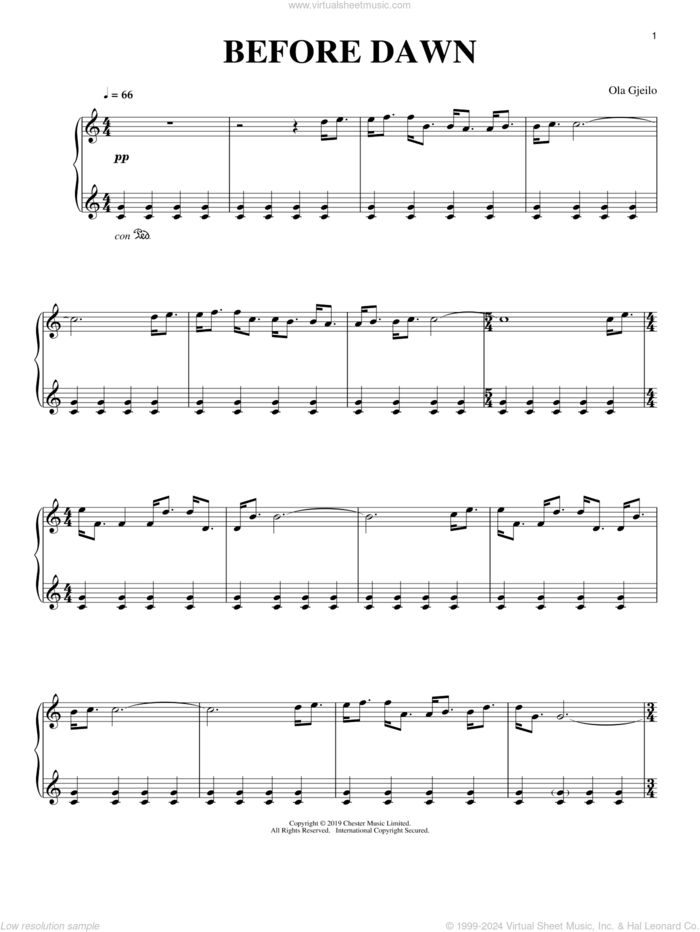 Before Dawn sheet music for piano solo by Ola Gjeilo, classical score, intermediate skill level