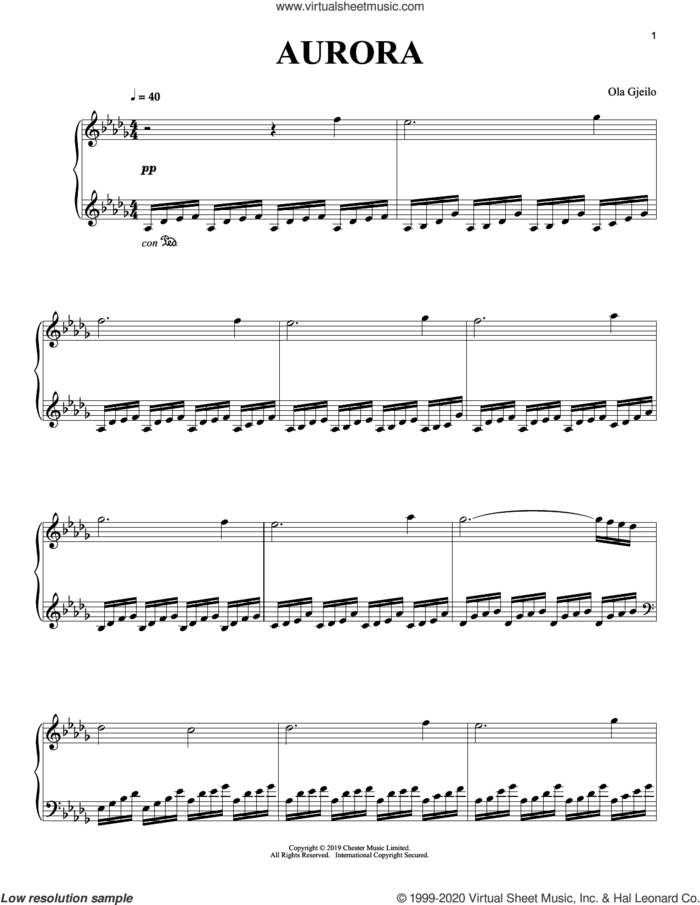 Aurora sheet music for piano solo by Ola Gjeilo, classical score, intermediate skill level