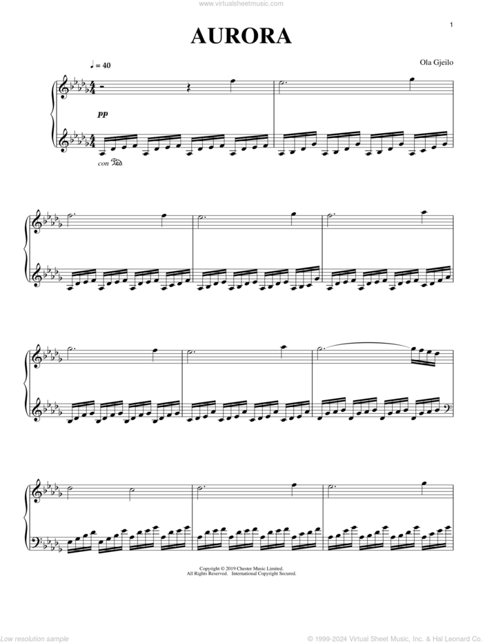 Aurora sheet music for piano solo by Ola Gjeilo, classical score, intermediate skill level