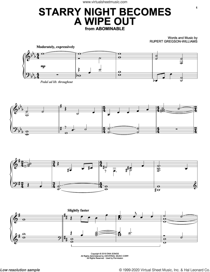 Starry Night Becomes A Wipe Out (from the Motion Picture Abominable) sheet music for piano solo by Rupert Gregson-Williams, intermediate skill level