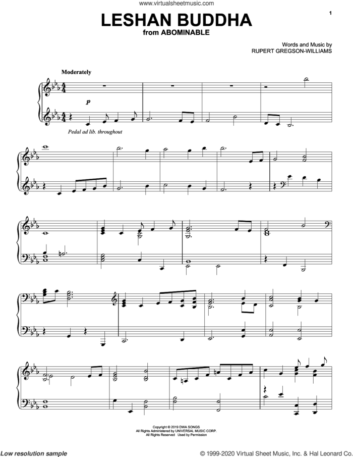 Leshan Buddha (from the Motion Picture Abominable) sheet music for piano solo by Rupert Gregson-Williams, intermediate skill level