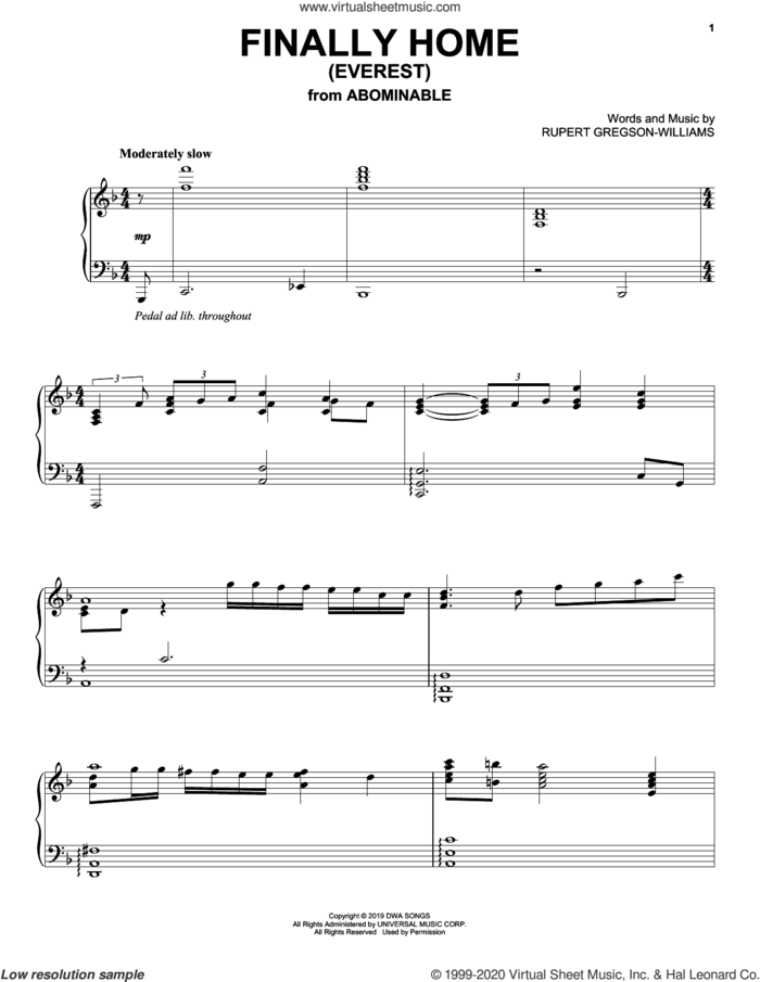 Finally Home (Everest) (from the Motion Picture Abominable) sheet music for piano solo by Rupert Gregson-Williams, intermediate skill level