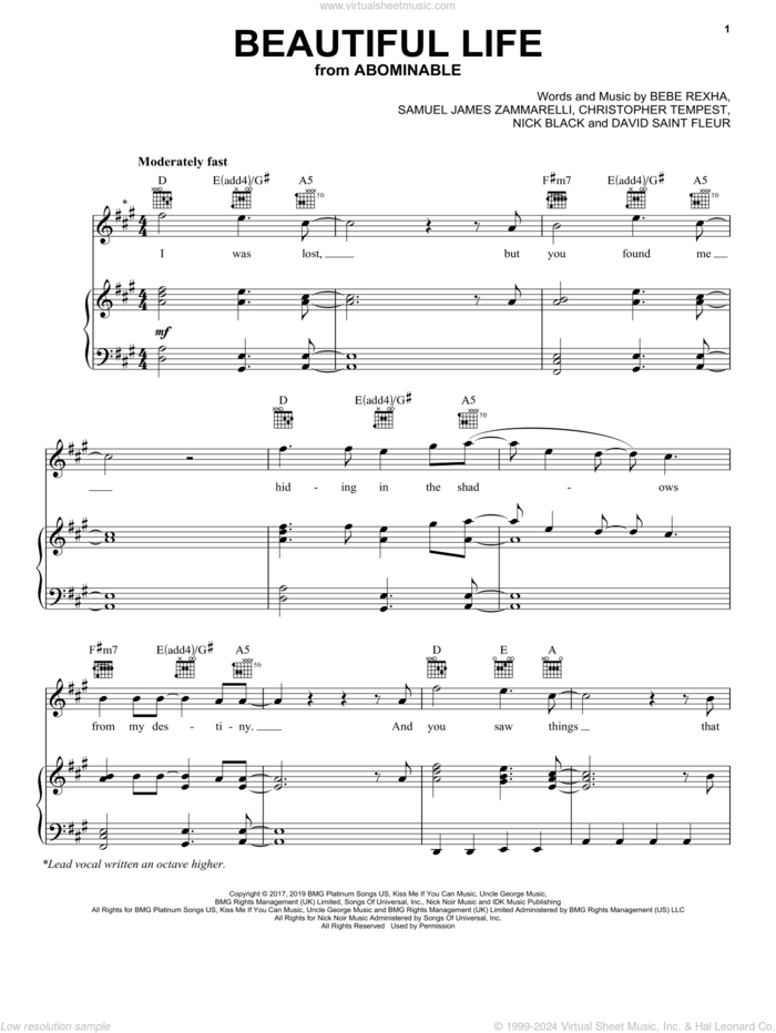 Beautiful Life (from the Motion Picture Abominable) sheet music for voice, piano or guitar by Bebe Rexha, Christopher Tempest, David Saint Fleur, Nick Black and Samuel James Zammarelli, intermediate skill level
