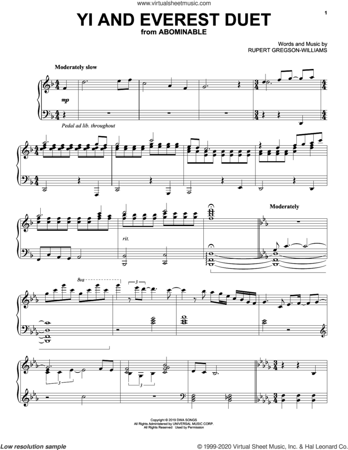 Yi And Everest Duet (from the Motion Picture Abominable) sheet music for piano solo by Rupert Gregson-Williams, intermediate skill level