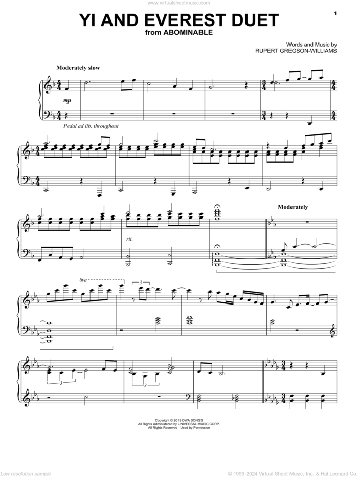 Yi And Everest Duet (from the Motion Picture Abominable) sheet music for piano solo by Rupert Gregson-Williams, intermediate skill level