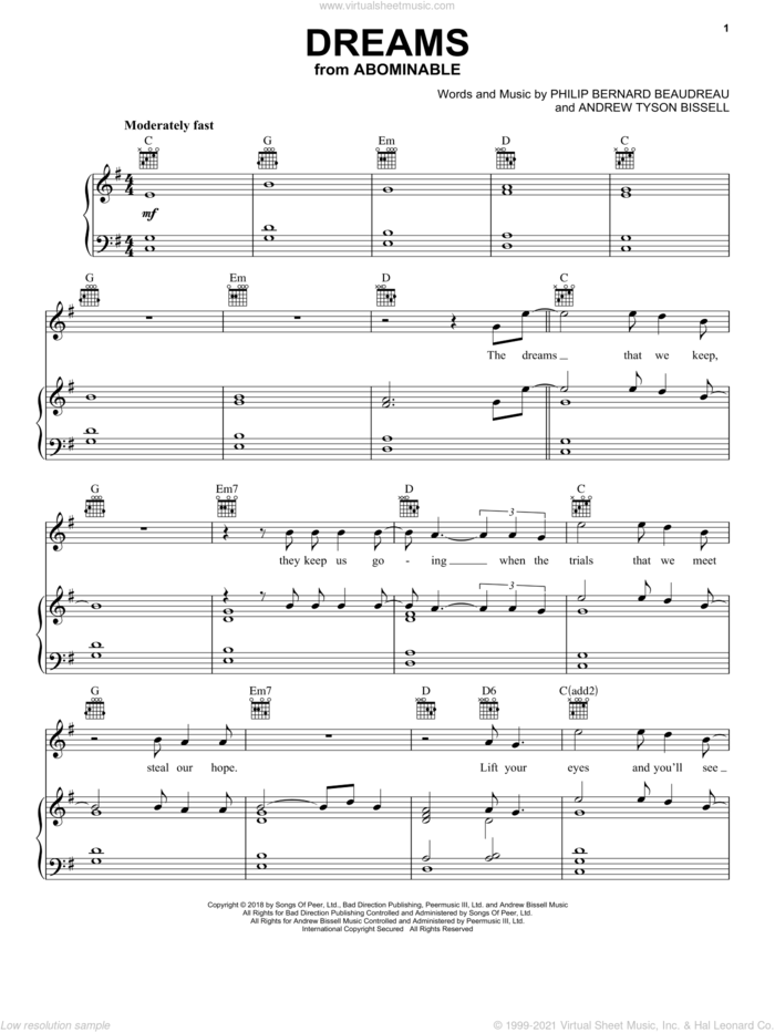Dreams (from the Motion Picture Abominable) sheet music for voice, piano or guitar by Phil Beaudreau, Andrew Tyson Bissell and Philip Bernard Beaudreau, intermediate skill level