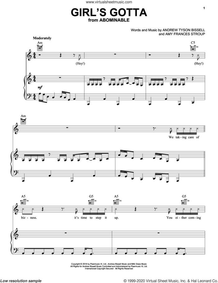 Girl's Gotta (from the Motion Picture Abominable) sheet music for voice, piano or guitar by Danger Twins, Amy Frances Stroup and Andrew Tyson Bissell, intermediate skill level