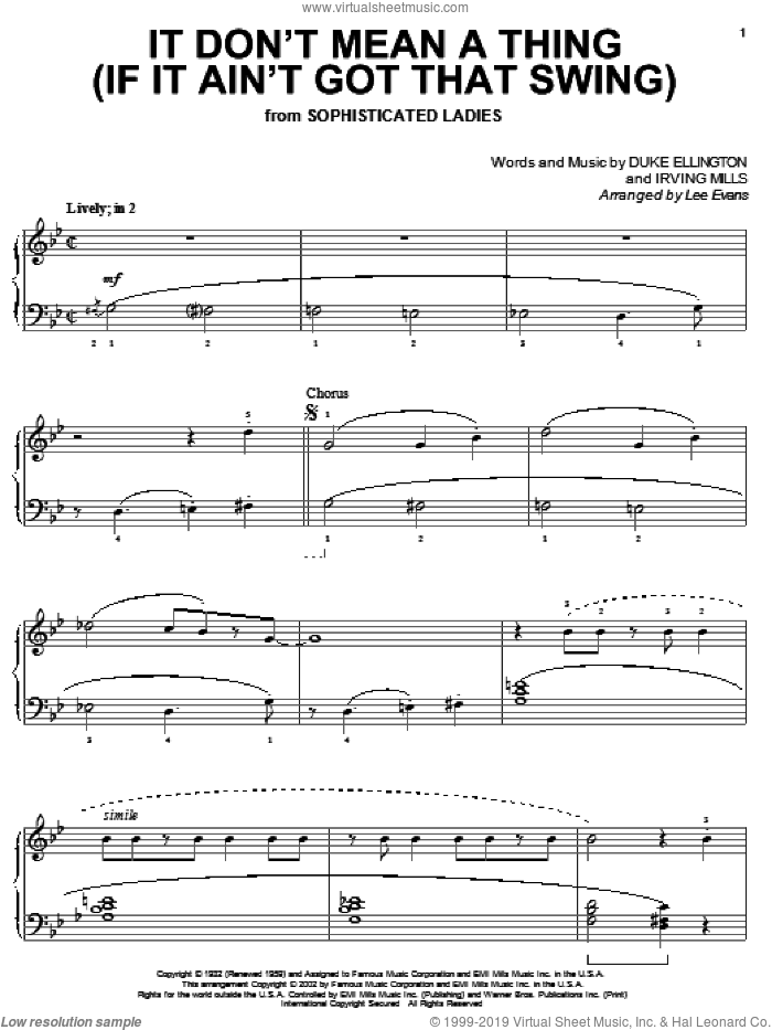 It Don't Mean A Thing (If It Ain't Got That Swing) sheet music for piano solo by Duke Ellington and Irving Mills, intermediate skill level