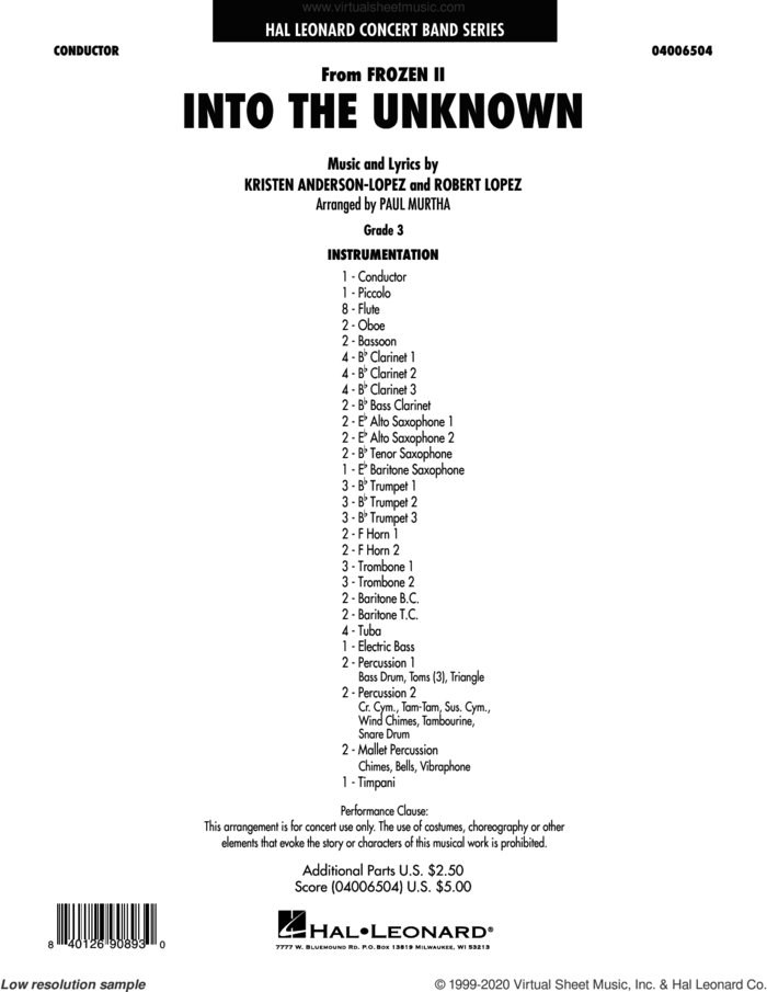 Into the Unknown (from Disney's Frozen 2) (arr. Paul Murtha) (COMPLETE) sheet music for concert band by Paul Murtha, Idina Menzel and AURORA, Kristen Anderson-Lopez, Kristen Anderson-Lopez & Robert Lopez, Panic! At The Disco and Robert Lopez, intermediate skill level