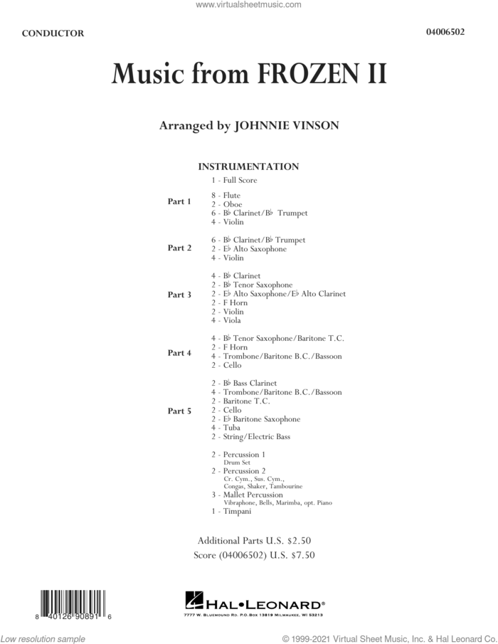 Music from Disney's Frozen 2 (arr. Johnnie Vinson) (COMPLETE) sheet music for concert band by Robert Lopez, Johnnie Vinson, Kristen Anderson-Lopez and Kristen Anderson-Lopez & Robert Lopez, intermediate skill level