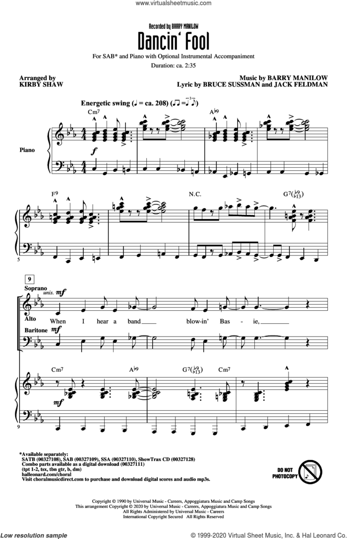 Dancin' Fool (arr. Kirby Shaw) sheet music for choir (SAB: soprano, alto, bass) by Barry Manilow, Kirby Shaw, Bruce Sussman and Jack Feldman, intermediate skill level