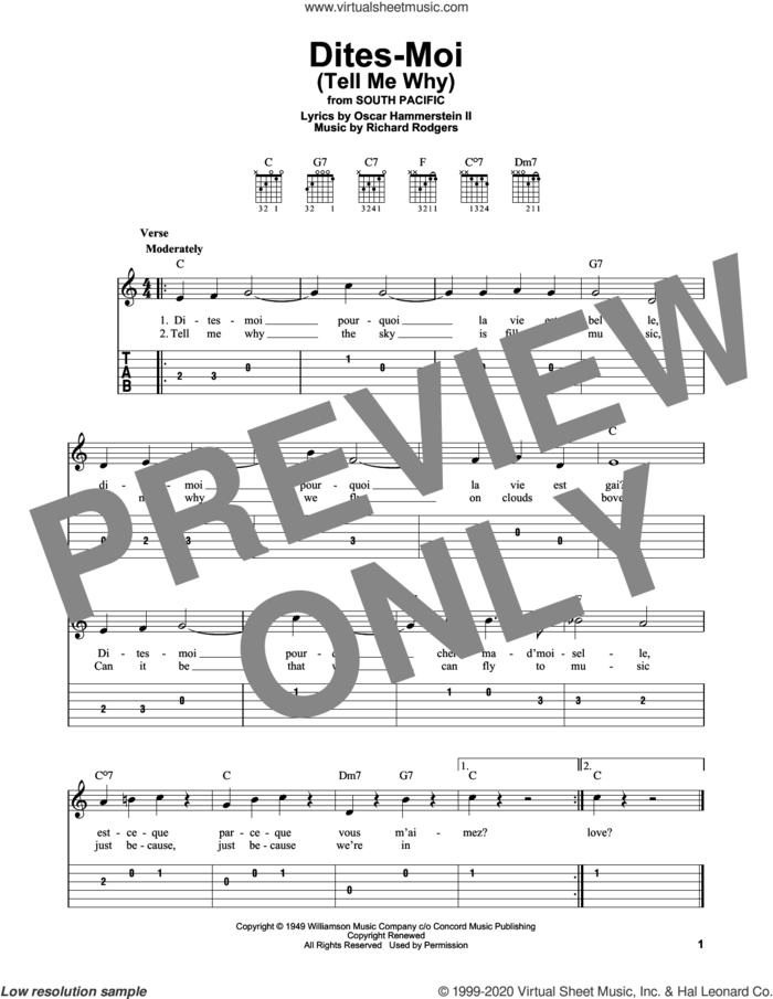 Dites-Moi (Tell Me Why) (from South Pacific) sheet music for guitar solo (easy tablature) by Richard Rodgers, Oscar II Hammerstein and Rodgers & Hammerstein, easy guitar (easy tablature)