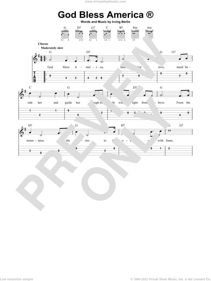 God Bless America sheet music for guitar solo (easy tablature) by Irving Berlin, easy guitar (easy tablature)