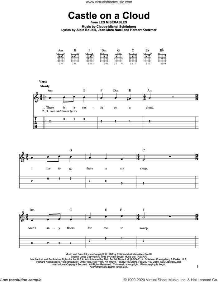 Castle On A Cloud (from Les Miserables) sheet music for guitar solo (easy tablature) by Alain Boublil, Boublil and Schonberg, Claude-Michel Schonberg, Herbert Kretzmer and Jean-Marc Natel, easy guitar (easy tablature)