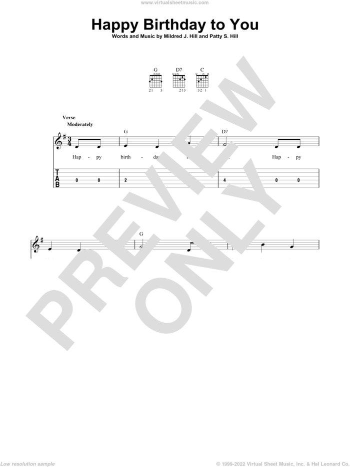 Happy Birthday To You sheet music for guitar solo (easy tablature) by Patty Smith Hill, Mildred & Patty Hill and Mildred J. Hill, easy guitar (easy tablature)
