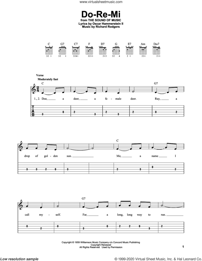 Do-Re-Mi (from The Sound of Music) sheet music for guitar solo (easy tablature) by Richard Rodgers, Oscar II Hammerstein and Rodgers & Hammerstein, easy guitar (easy tablature)