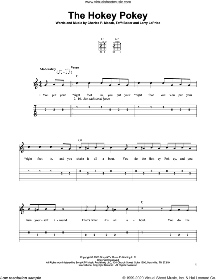 The Hokey Pokey sheet music for guitar solo (easy tablature) by Larry LaPrise, Charles P. Macak and Tafft Baker, easy guitar (easy tablature)