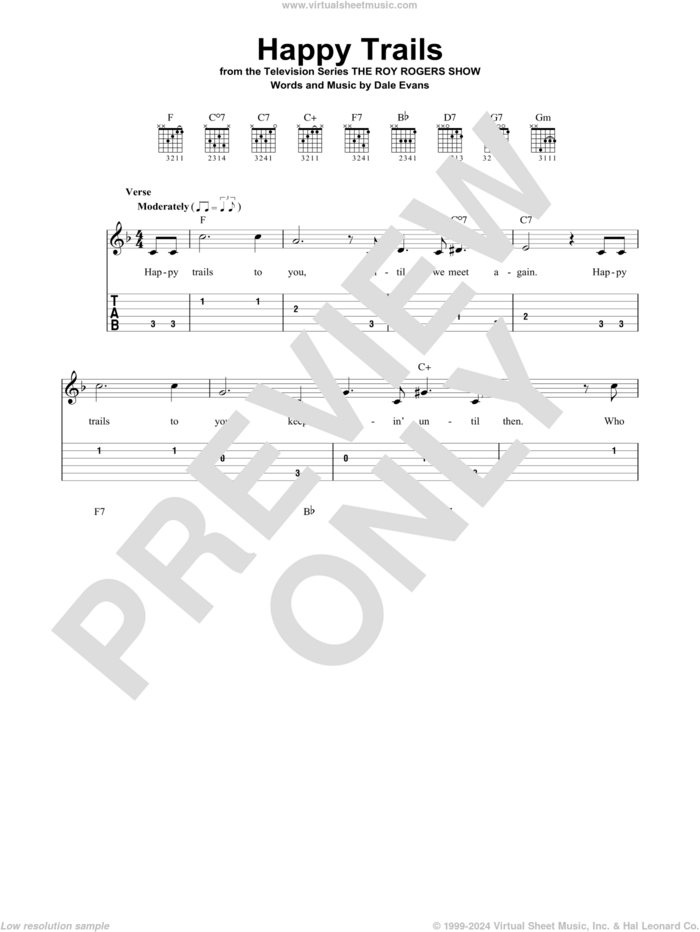 Happy Trails sheet music for guitar solo (easy tablature) by Roy Rogers and Dale Evans, easy guitar (easy tablature)