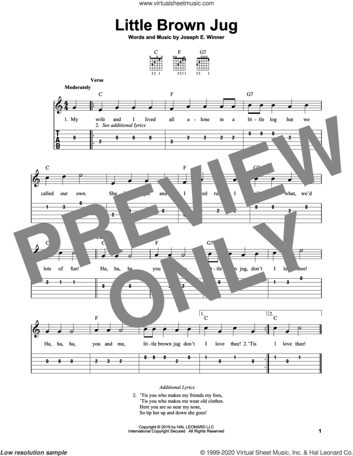 Little Brown Jug sheet music for guitar solo (easy tablature) by Joseph E. Winner, easy guitar (easy tablature)