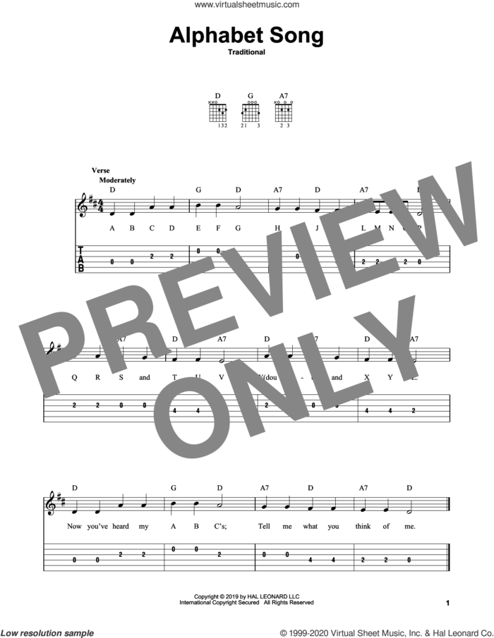 Alphabet Song sheet music for guitar solo (easy tablature), easy guitar (easy tablature)